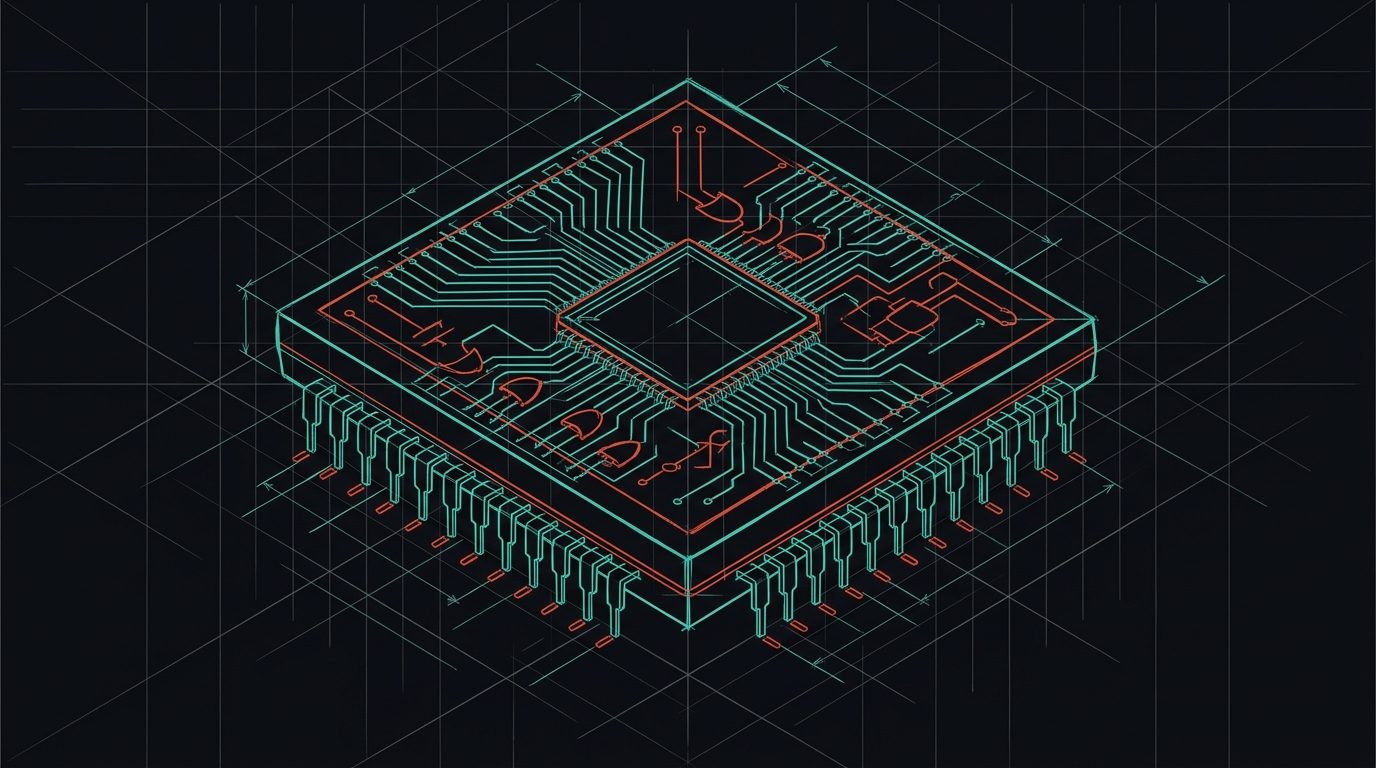 Blueprint drawing of a circuit chip, the engine behind the AI receptionist.