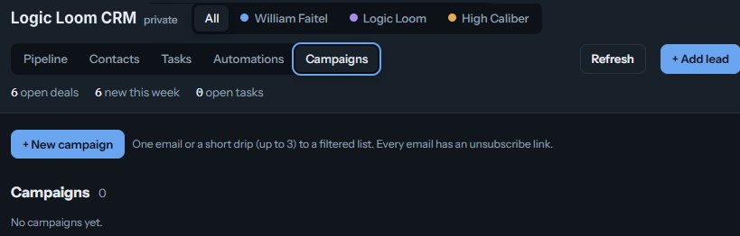 Campaigns screen with a New campaign button, a note that one email or a short drip of up to three goes to a filtered list, and an unsubscribe link on every email.
