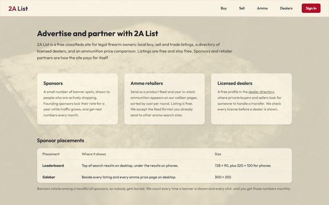2A List advertise page describing the classifieds, dealer directory, and ammunition price comparison.
