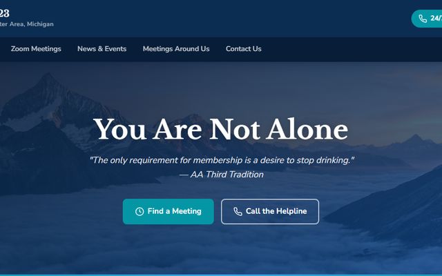AA District 23 homepage: 'You Are Not Alone' with Find a Meeting and Call the Helpline buttons.
