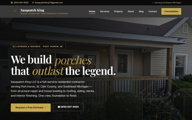 Sasquatch King homepage: 'We build porches that outlast the legend.'