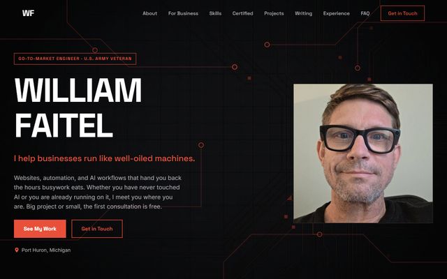 William Faitel homepage: 'I help businesses run like well-oiled machines.'